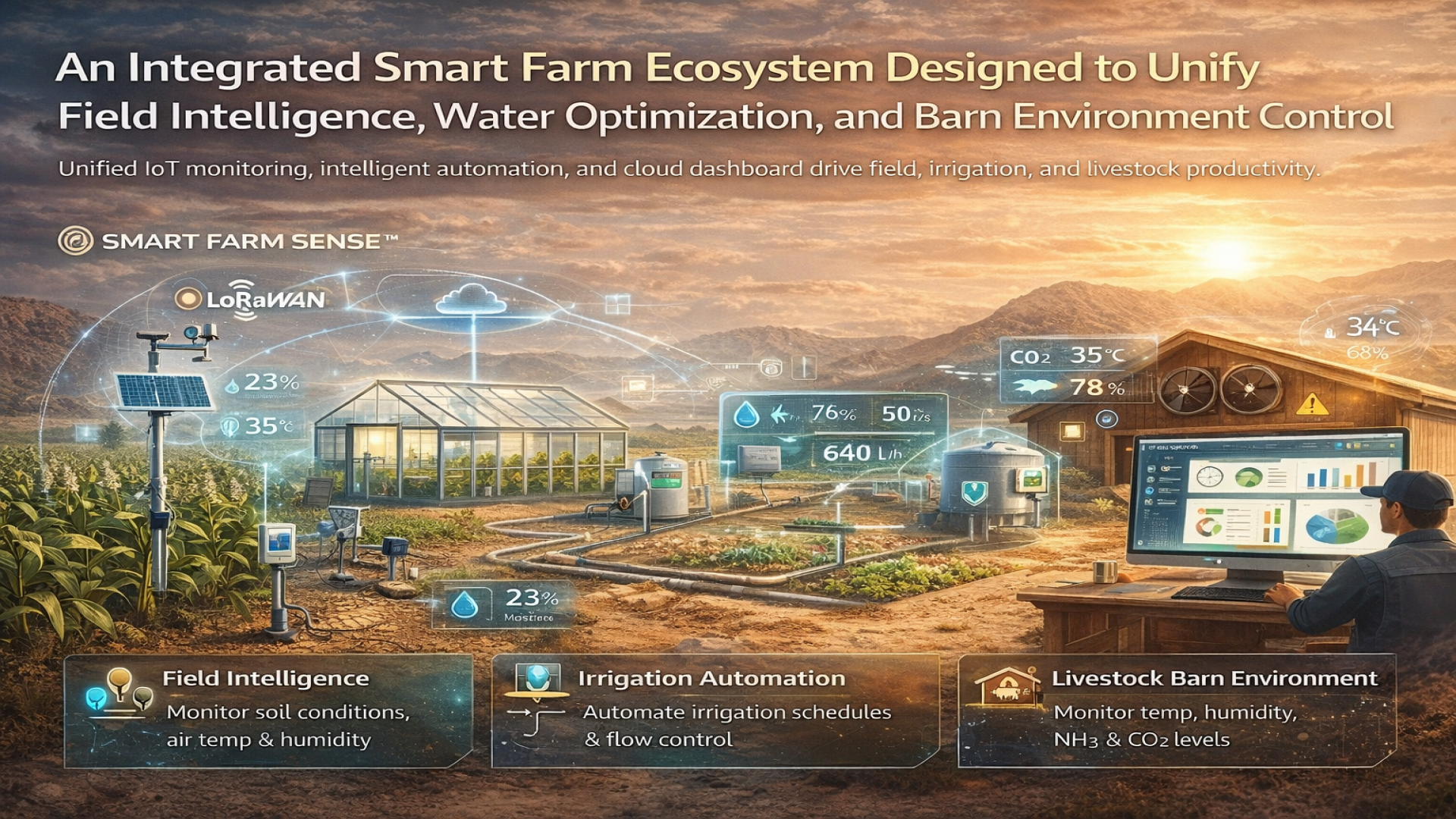 An Integrated Smart Farm Ecosystem Designed to Unify Field Intelligence, Water Optimization, and Barn Environment Control